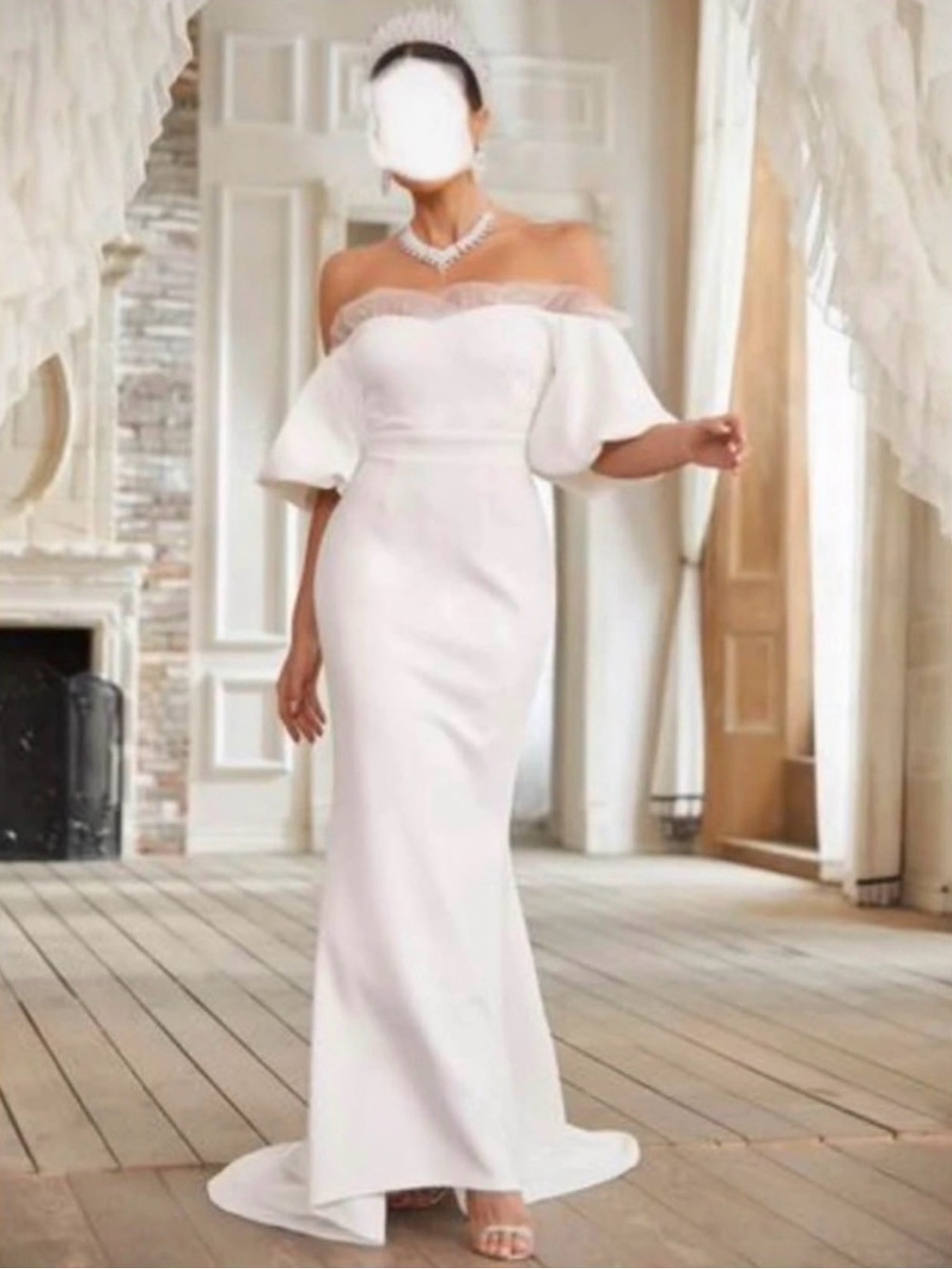 SHEIN White Off-Shoulder Bridal Gown with Puff Sleeves